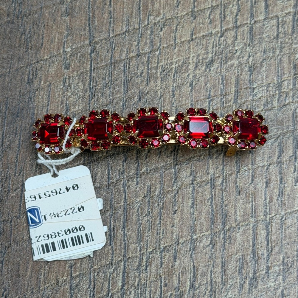 Vintage Joomi Joolz Ruby Red Rhinestone Gold Barrette Made in France NWT